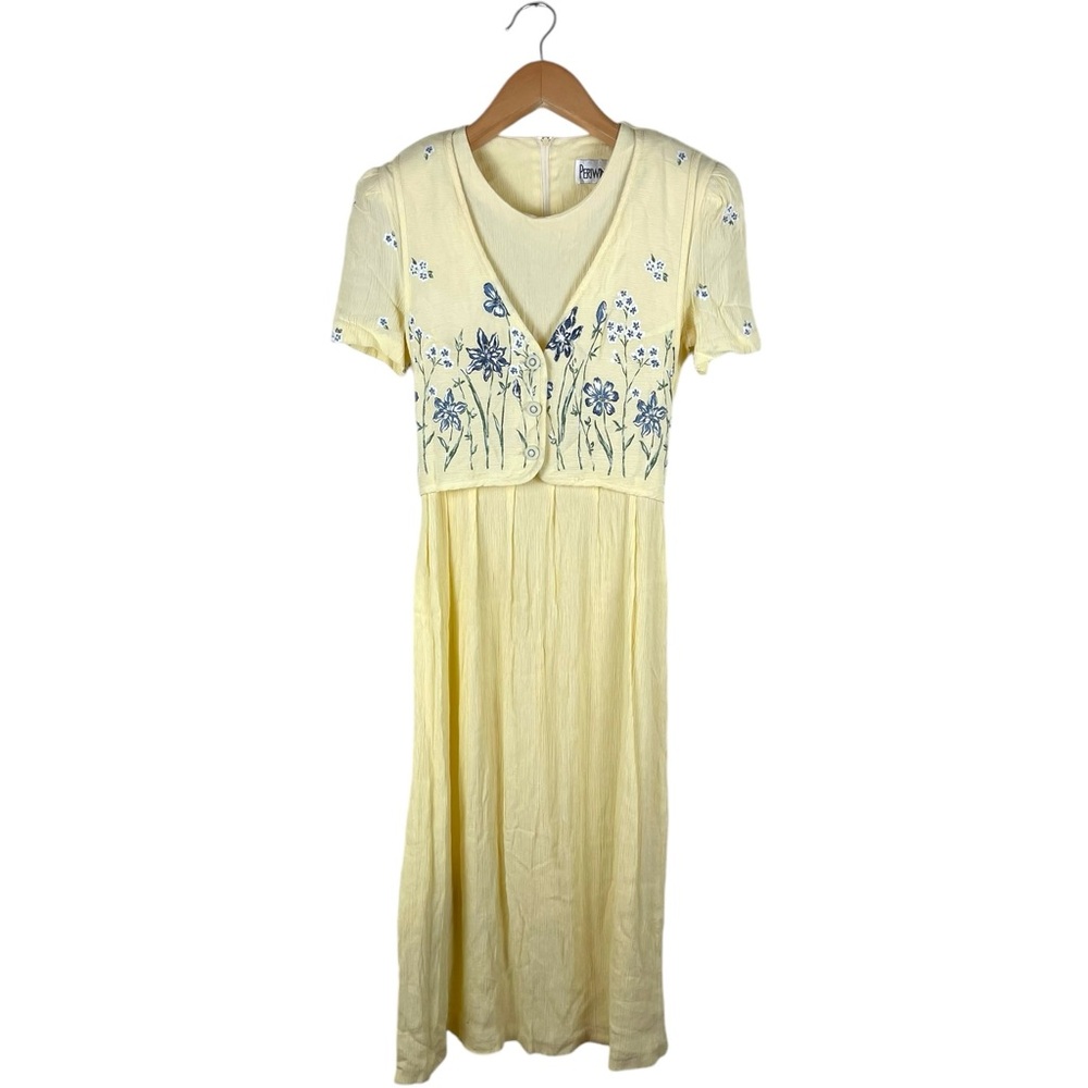 Vintage Y2K Yellow & Blue Floral Cottagecore Prairie Maxi Vest Dress Tie Back